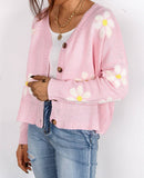 V-Neck Floral Single-Breasted Knit Cardigan