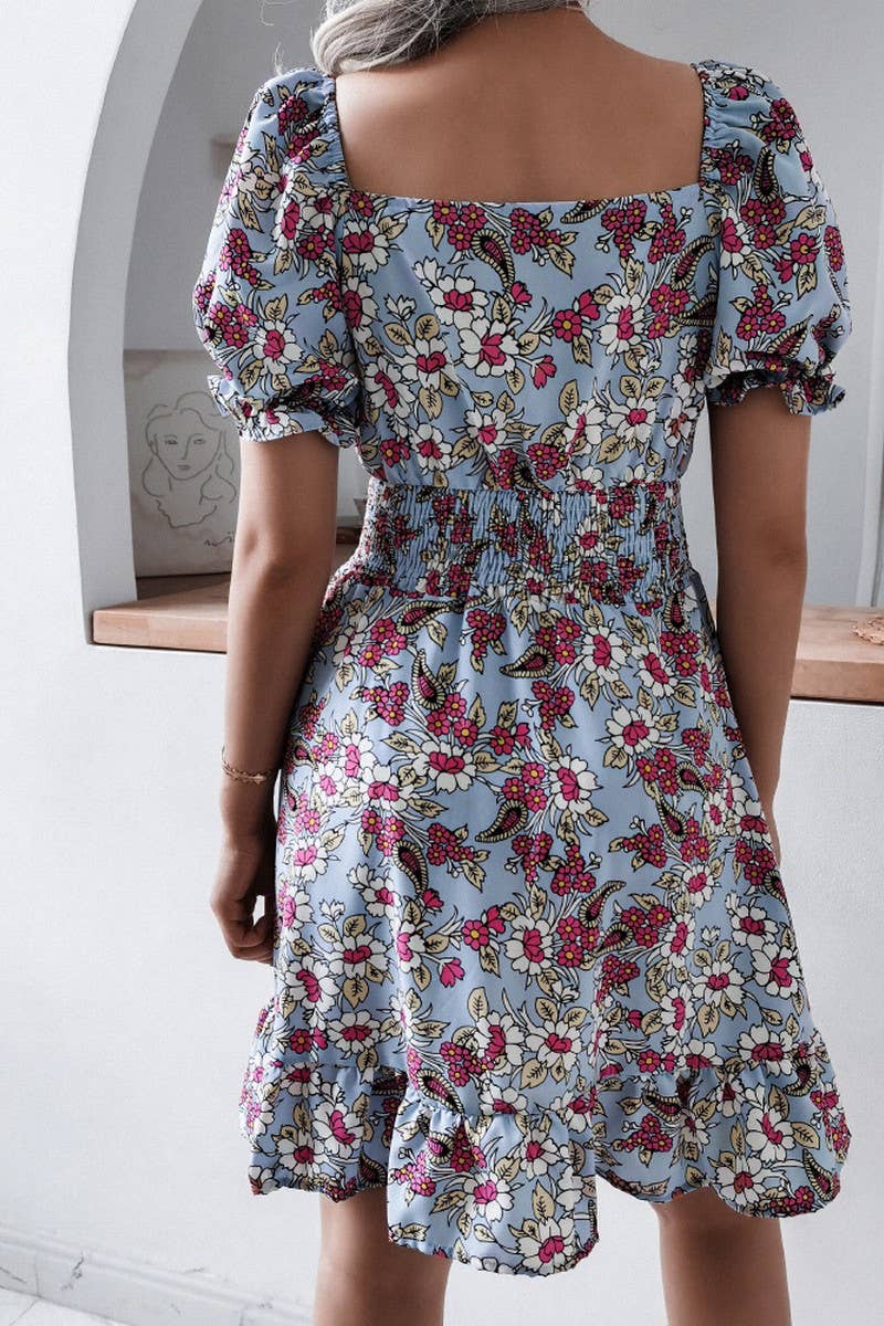 Square Collar Lantern Sleeve Floral Flouncy Dress_Cwdsd2500