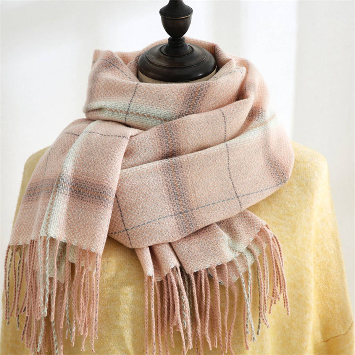 PLAID FAUX CASHMERE SCARF TASSEL WINTER SHAWL_CWASC0218