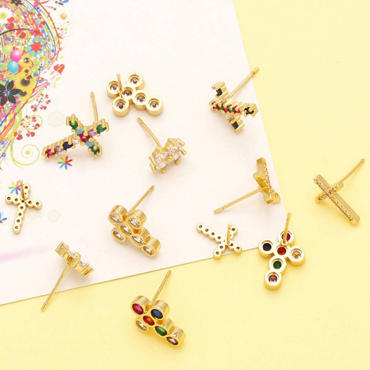 COLORED ZIRCON CROSS EARRINGS_CWAJE0987