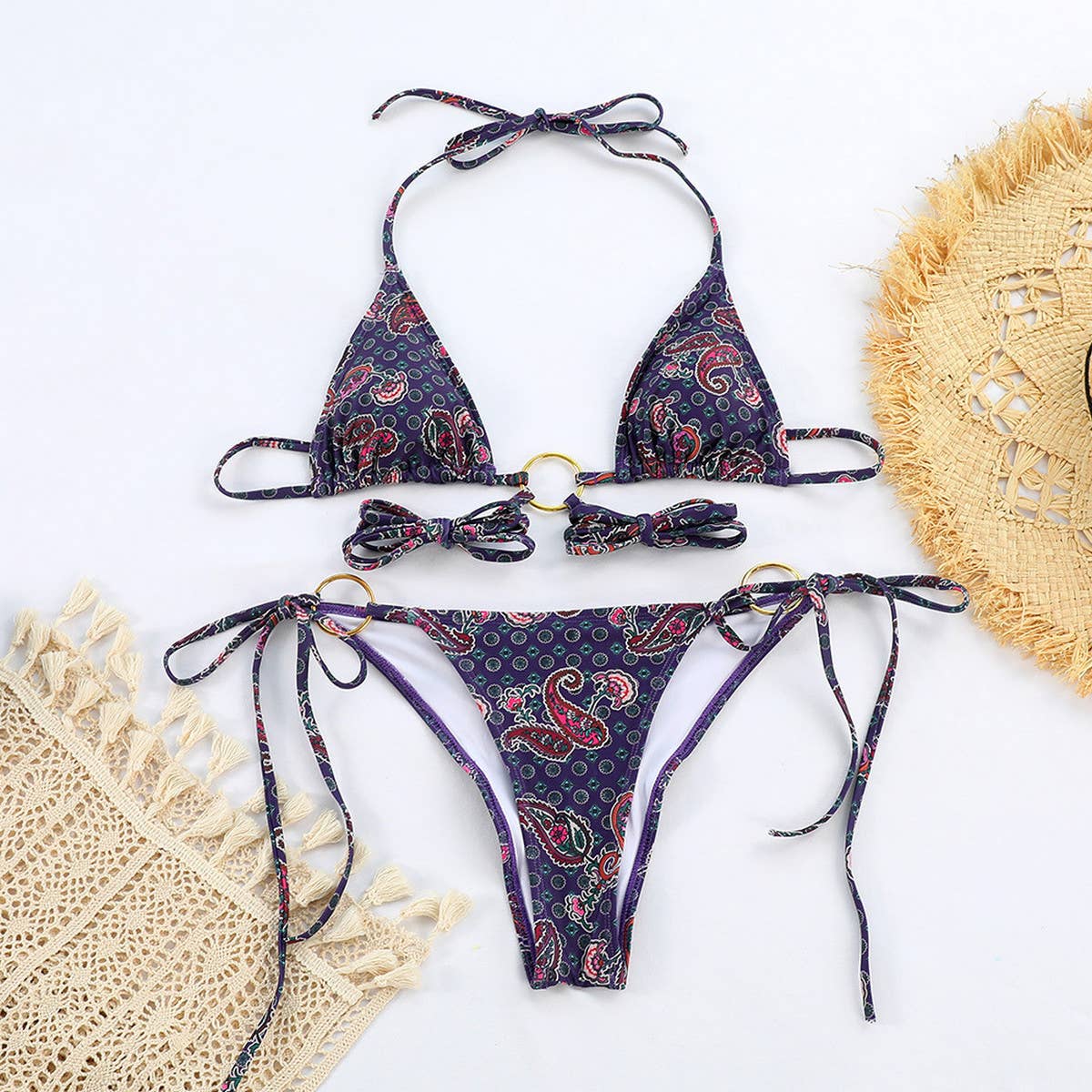 SEXY METAL RING BIKINI CASHEW PRINT SWIMWEAR_CWMW0256
