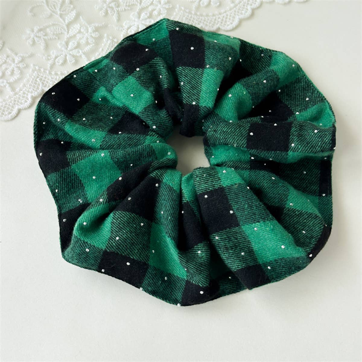 Xmas Plaid Bead Hair Scrunchie Retro Tie_Cwaha07608