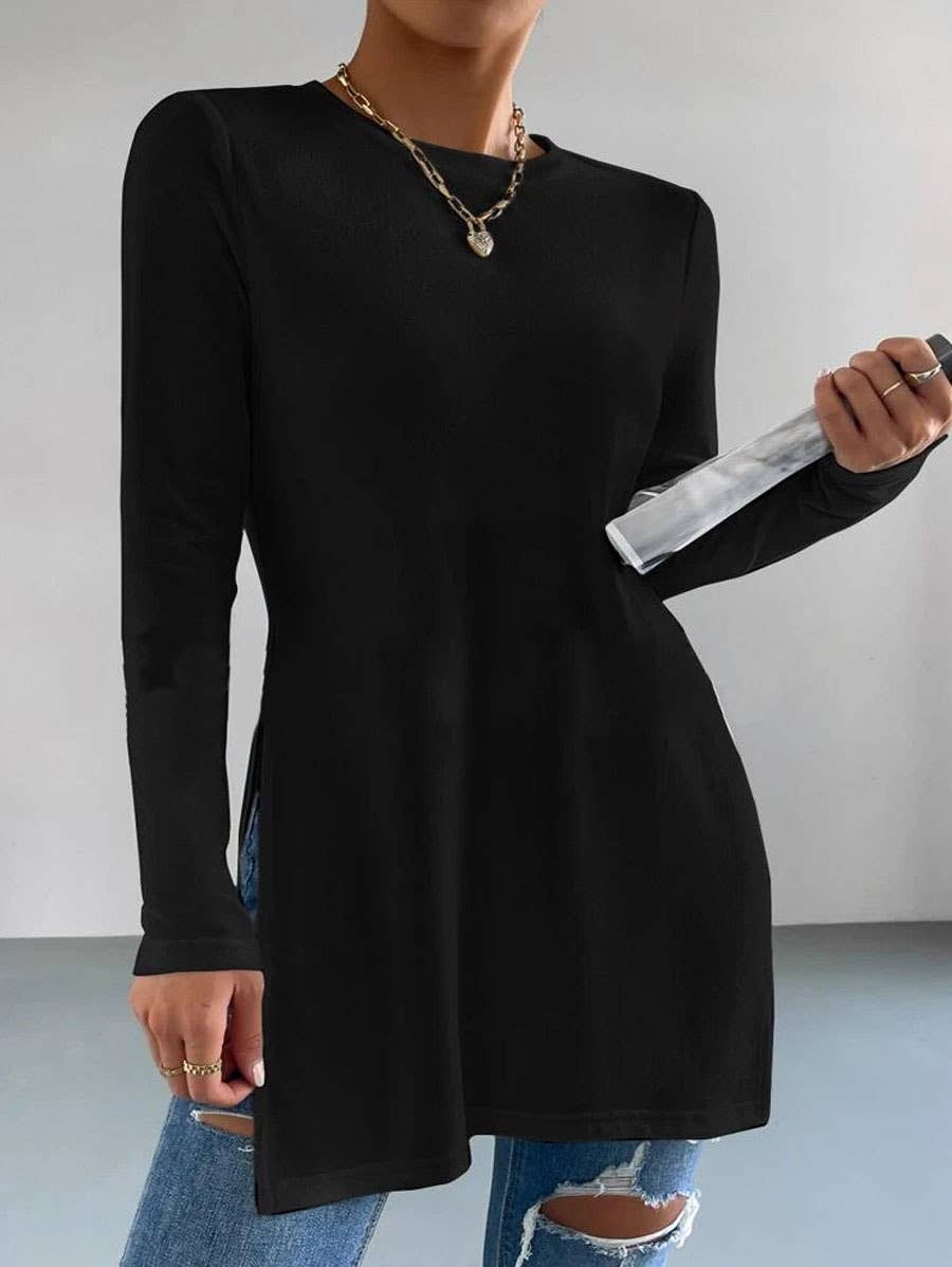 Solid Color Crew Neck Shirt With Split Sides Hem