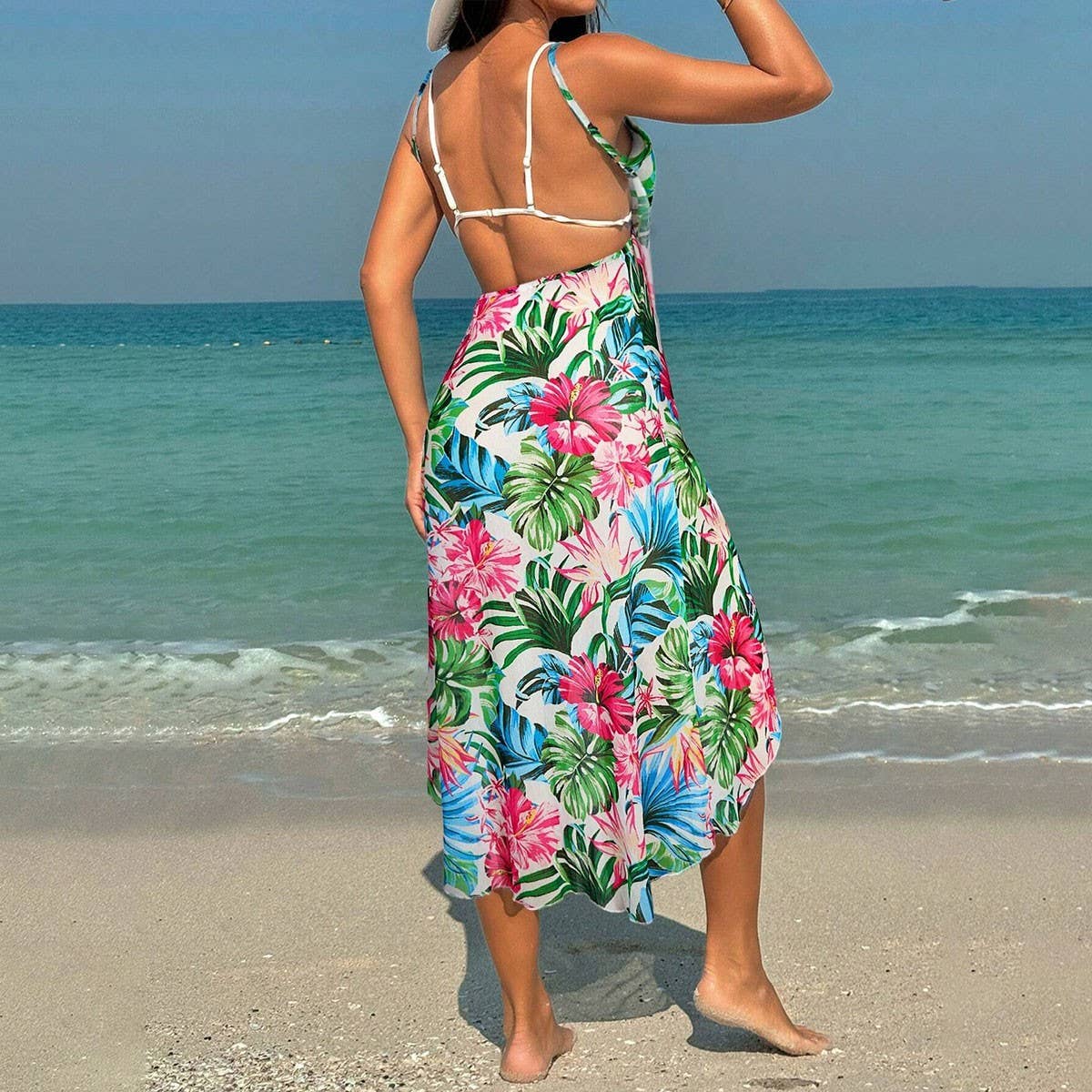 PRINTED SLING BEACH DRESS ONE PIECE VACATION WEAR_CWBLS0474