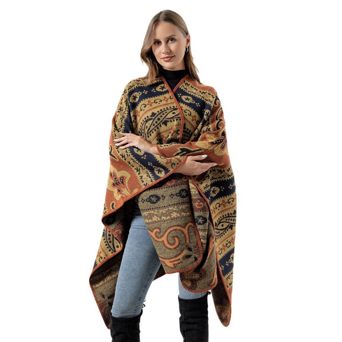 SHAWL FAUX CASHMERE JACQUARD SLIT CAPE SCARF_CWASC2231