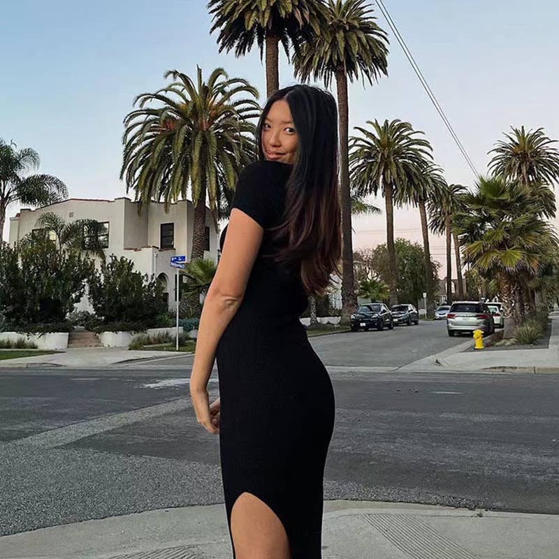 Temperament Trend Lapel Short-Sleeved Slit Dress