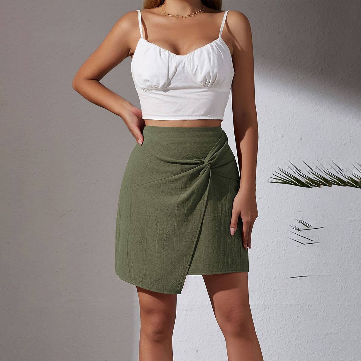 HIGH WAIST COTTON AND LINEN TWISTED SKIRT_CWBSS0401