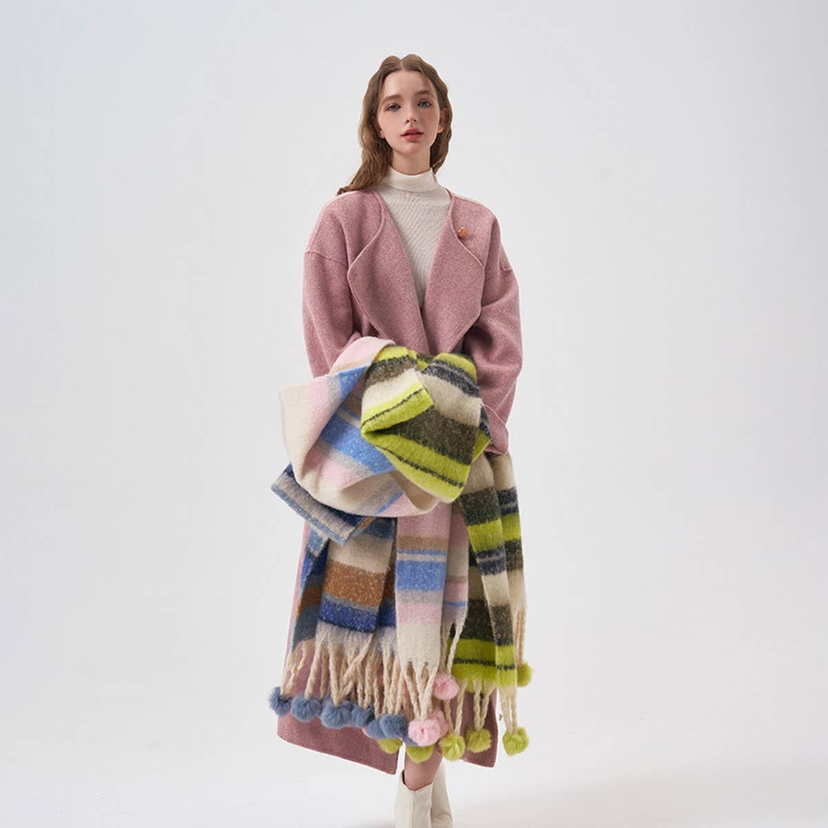 COZY COLORBLOCK STRIPE POM POM SCARF FOR WINTER_CWASC2341