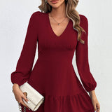 V-Neck Backless Lace Long-Sleeved Dress With Ruffles