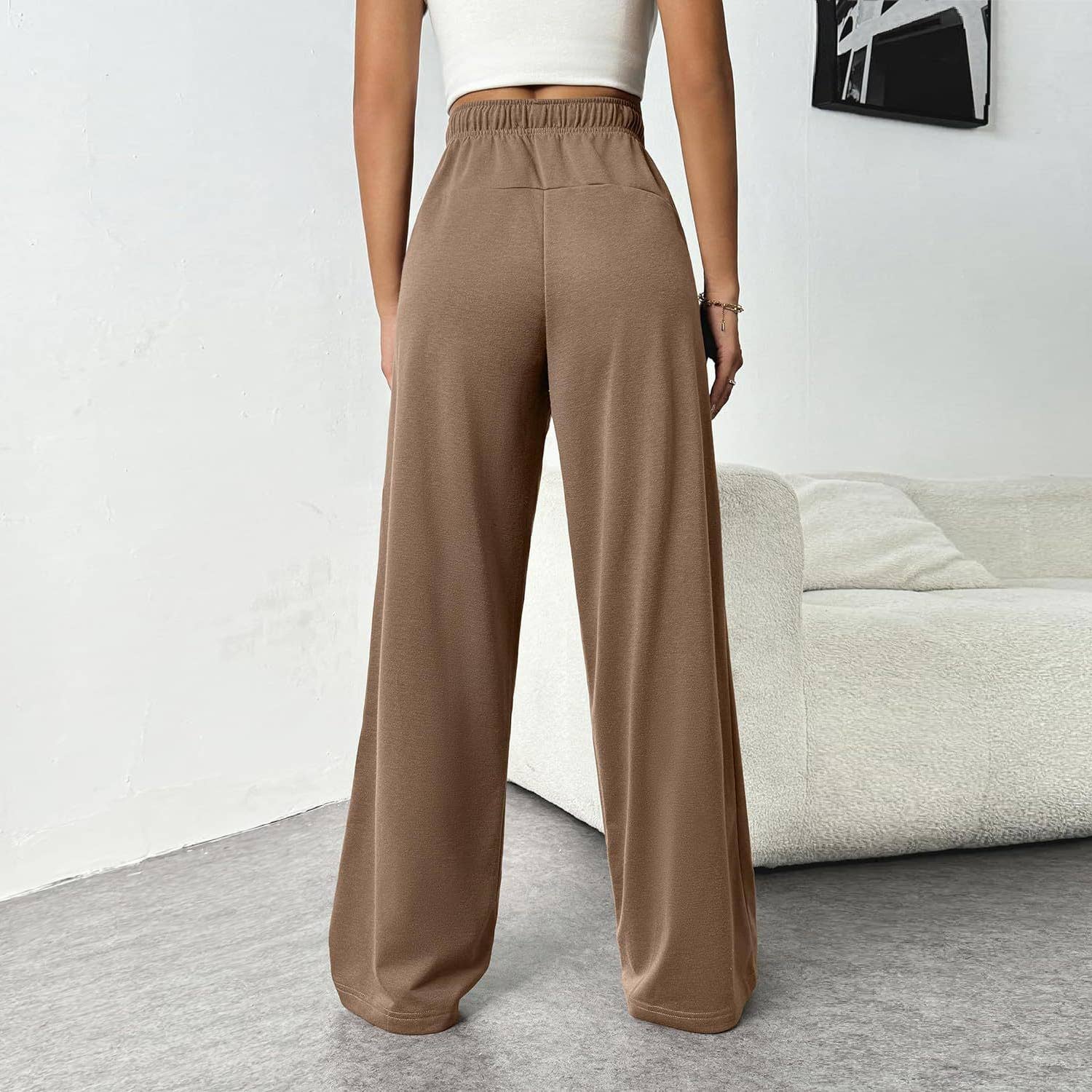 Solid Color Elastic Waist Slim Straight Leg Pants