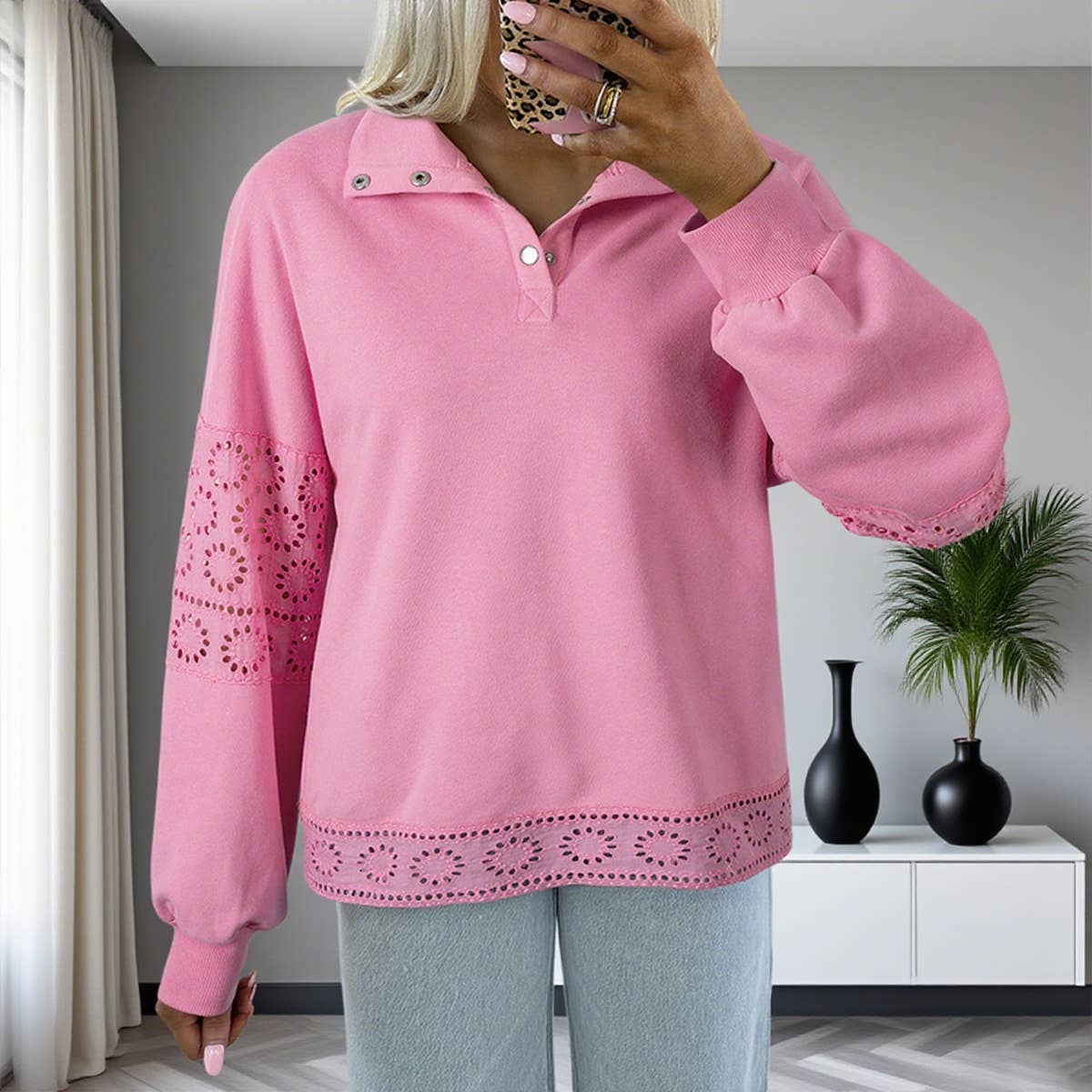 Solid-Color Lapel,Cutout Long-Sleeved Sweatshirt
