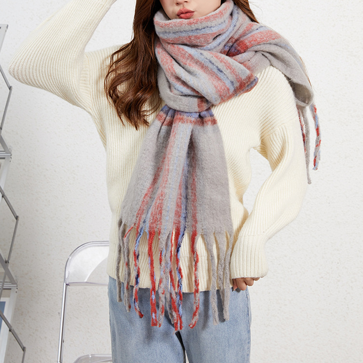 KOREAN STRIPED BRUSHED WINTER SCARF FOR WOMEN_CWASC2697