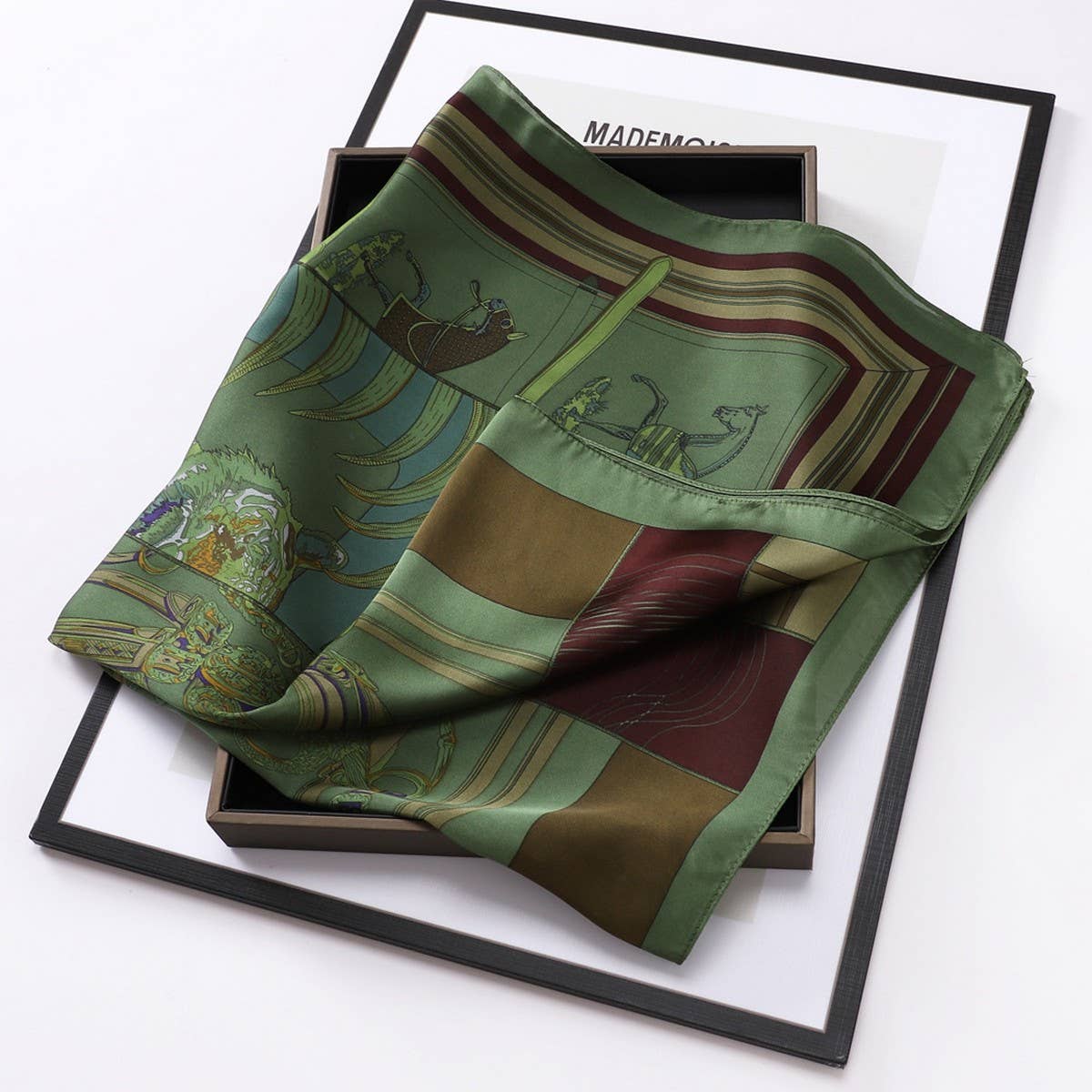 Vintage Letter Print Satin Square Scarf For Women_Cwasc0809