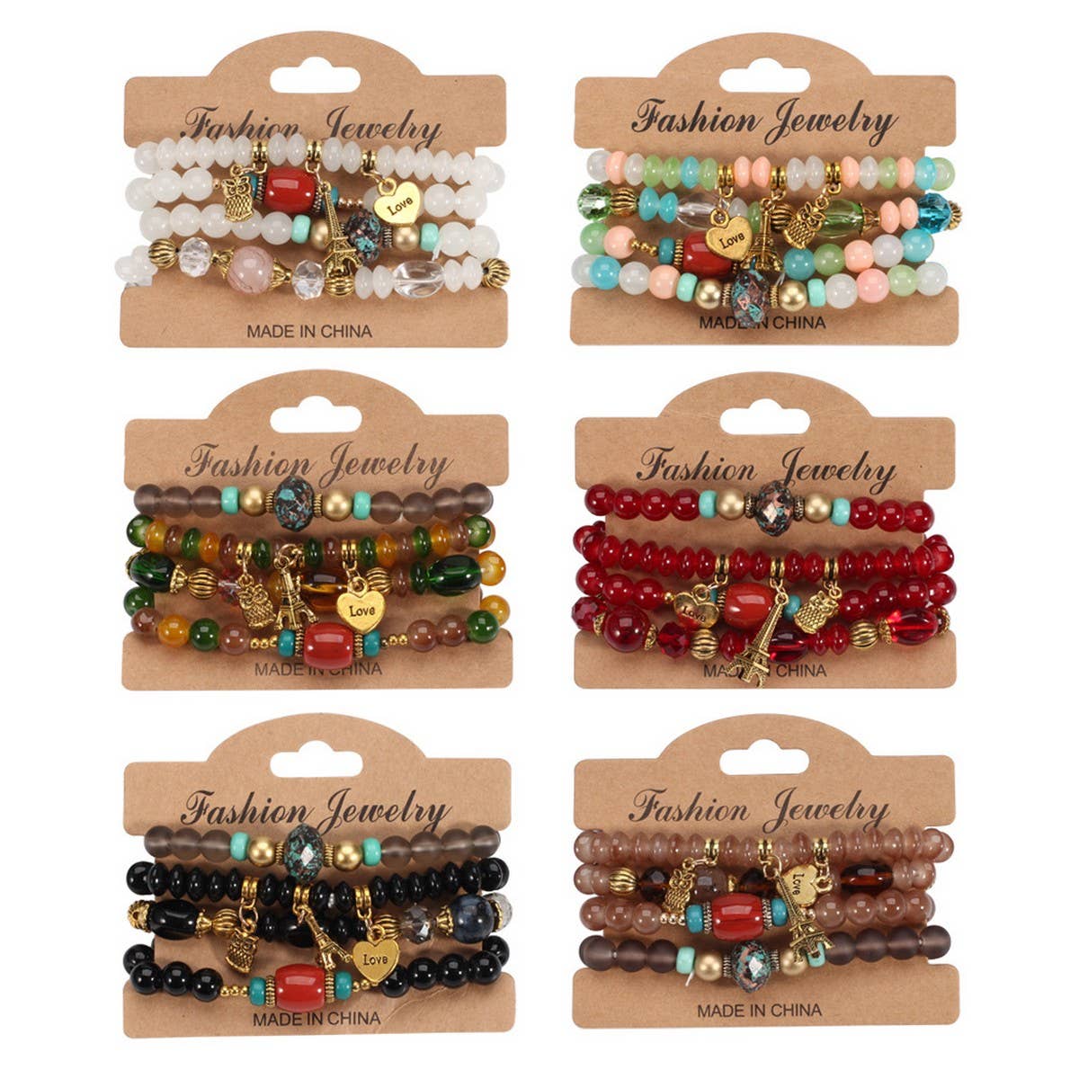 Cwaje05705_Boho Multi Layer Beaded Owl Eiffel Bracelet