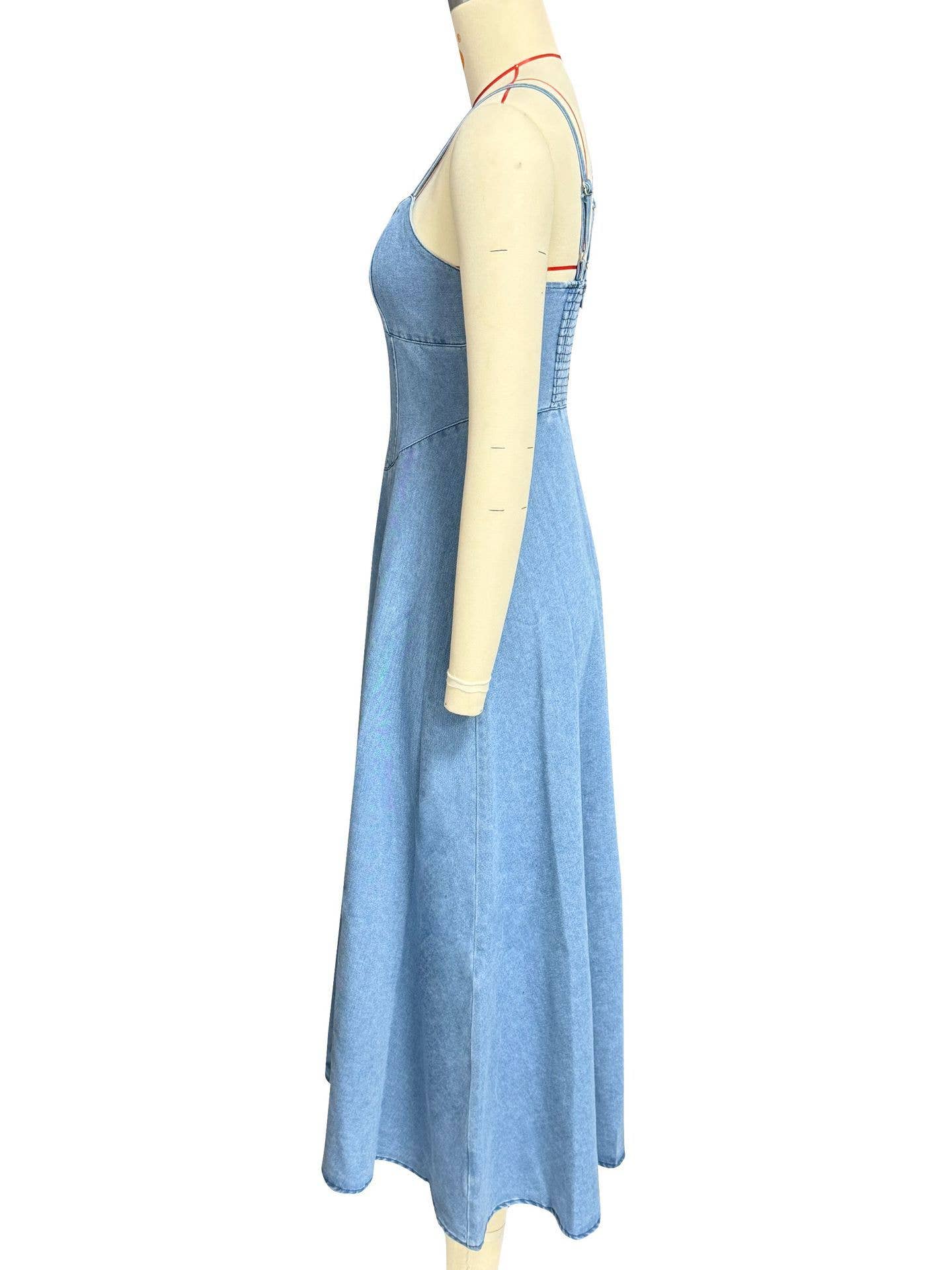 V-Neck Halter Strap Elastic Denim Long Dress
