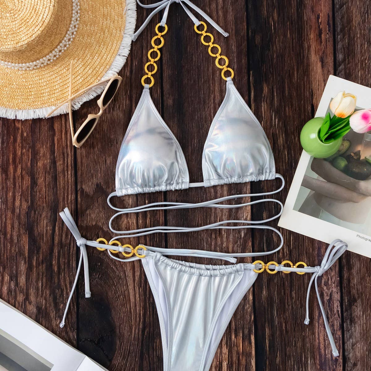 IRIDESCENT BIKINI SET SEXY CHAIN DETAIL SWIMSUIT_CWMW0714