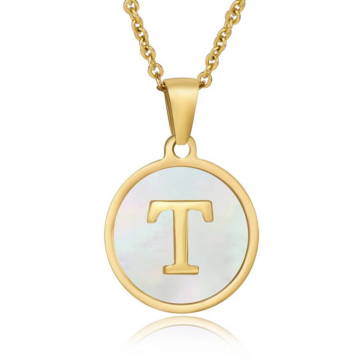 Cwaje1934_Round Stainless Steel White Shell Letter Necklace