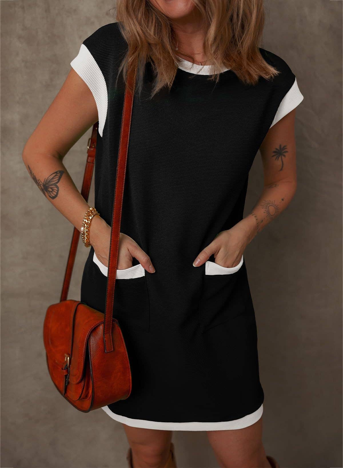 Womens Colorblock Pocket Sleeve Mini Dress