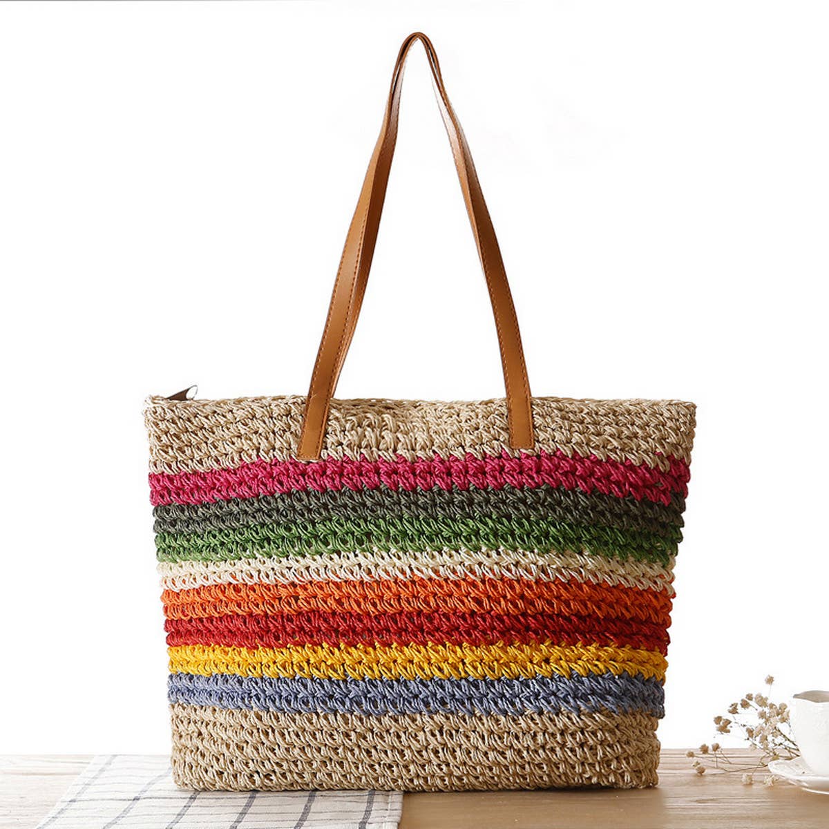 FOREST RAINBOW STRIPED STRAW SHOULDER BAG_CWAB2013