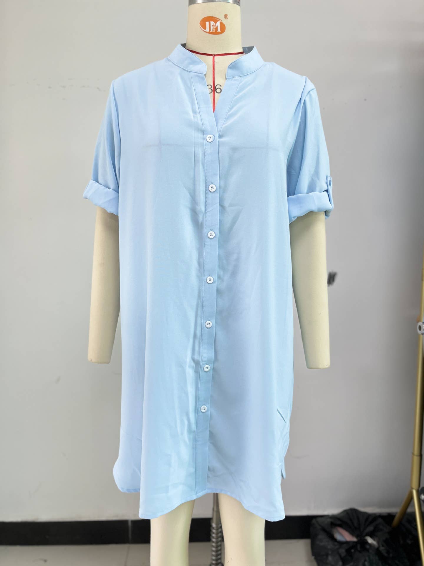 Solid Color Mid-Sleeve Button-Down Shirt Dress