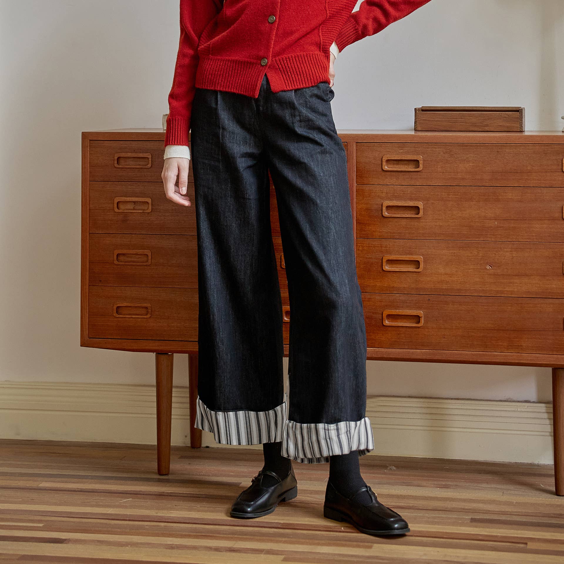 Straight-Leg Striped Wide-Leg Jeans