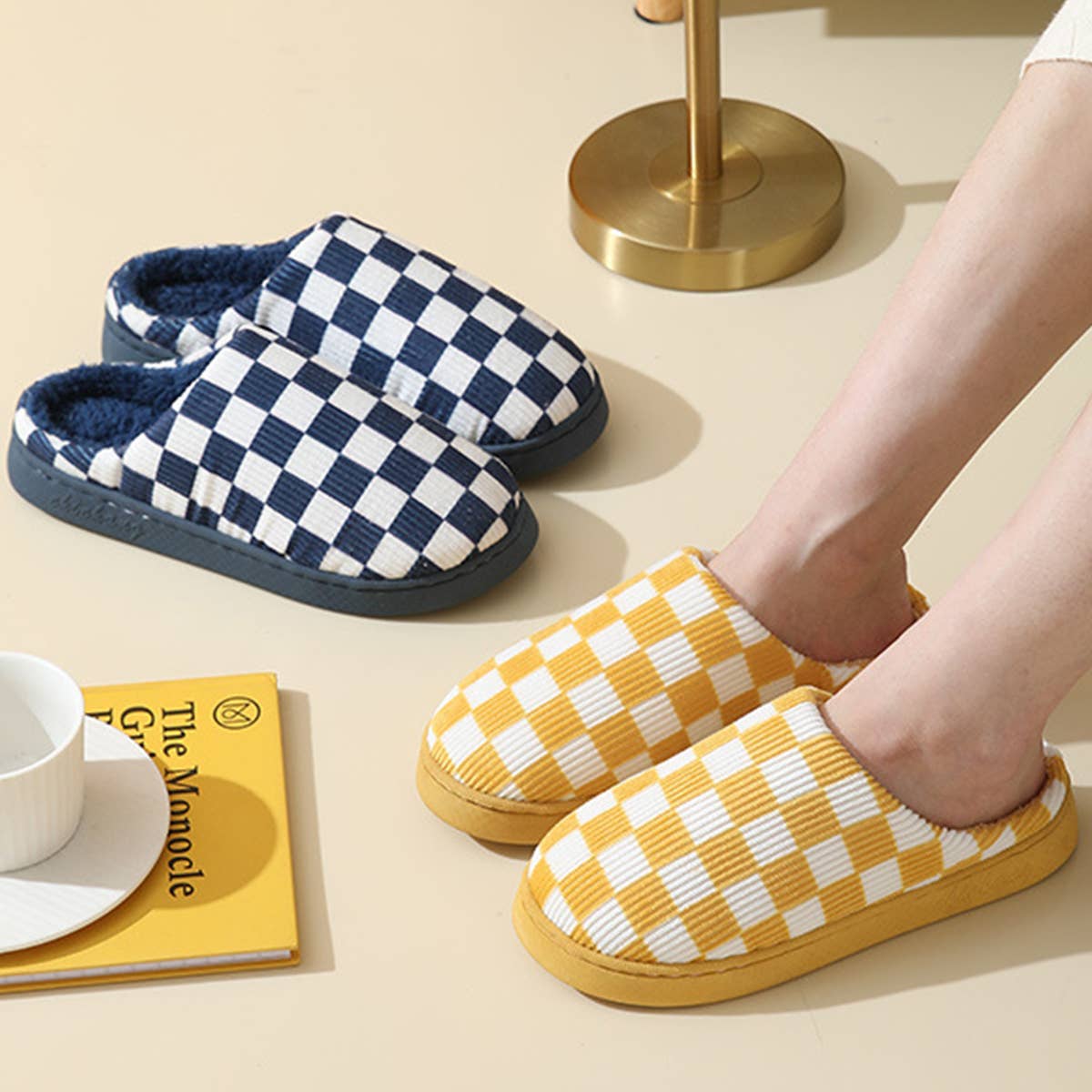 Household Simple Checkered Cotton Slippers_Cwshs0332