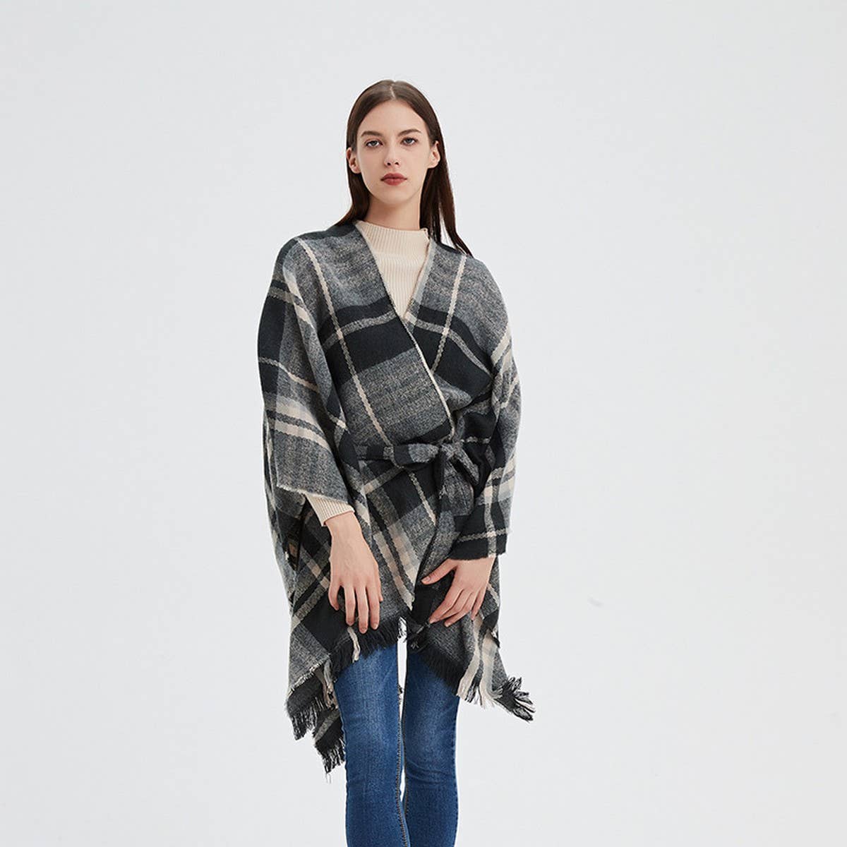 BLACK AND WHITE LINE CARDIGAN SHAWL CLOAK_CWASC0264