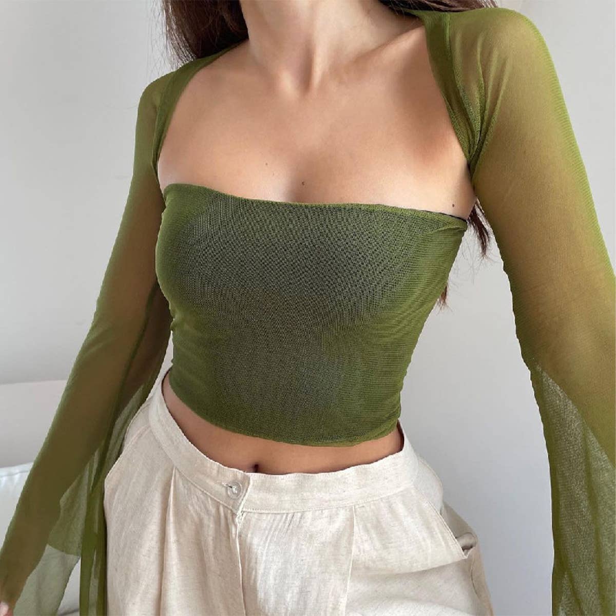 Two-Piece Slim Fit Strapless Long Sleeve Crop Top