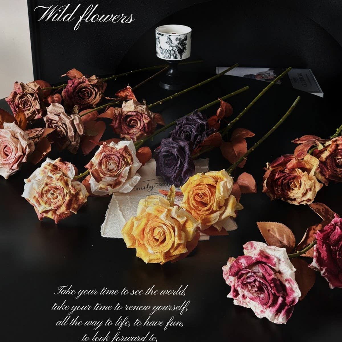 Vintage Faux Wilted Rose Bouquet With Ink Stains_Cwmm6513