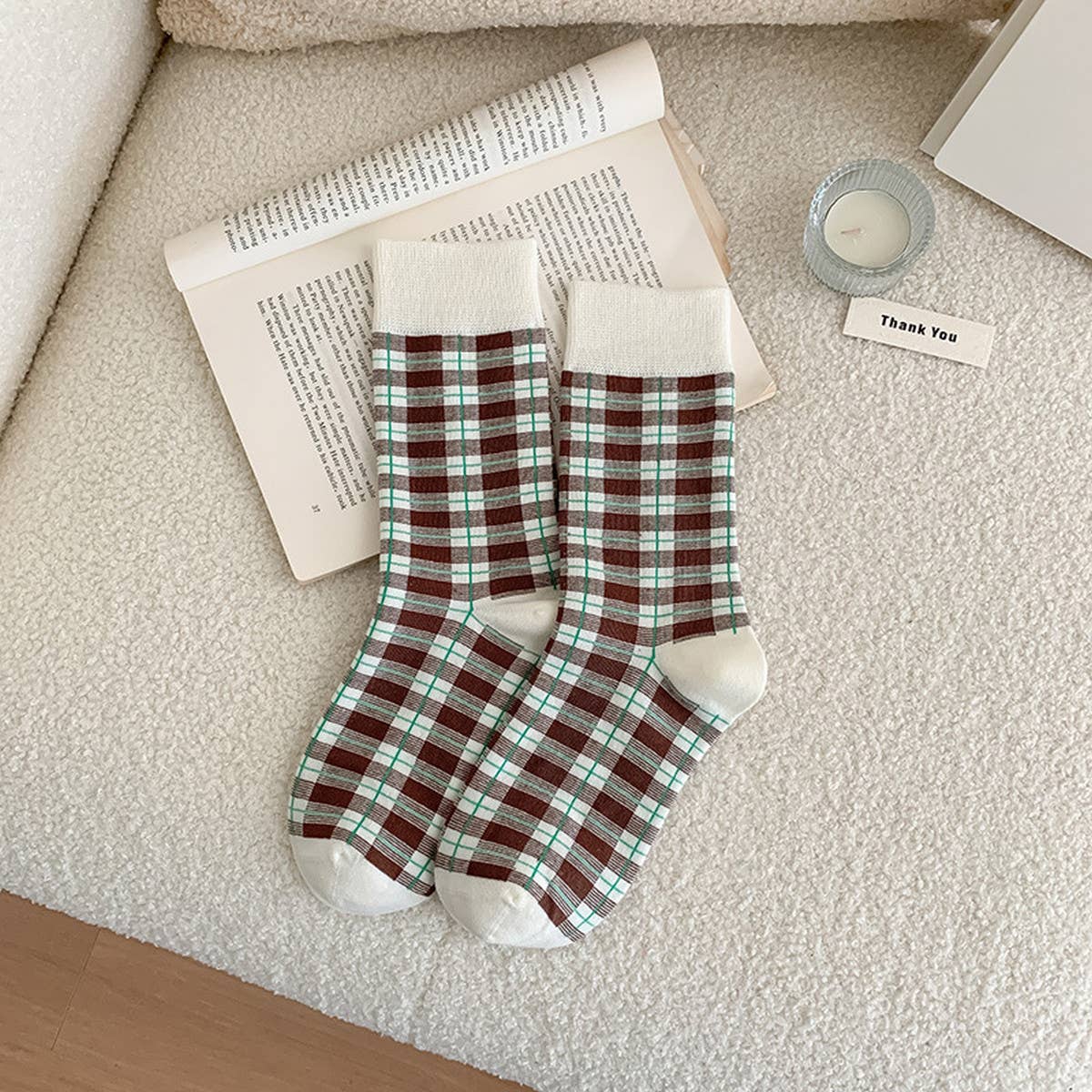 BROWN PUPPY POLKA DOT PLAID SOCKS_CWMS0955