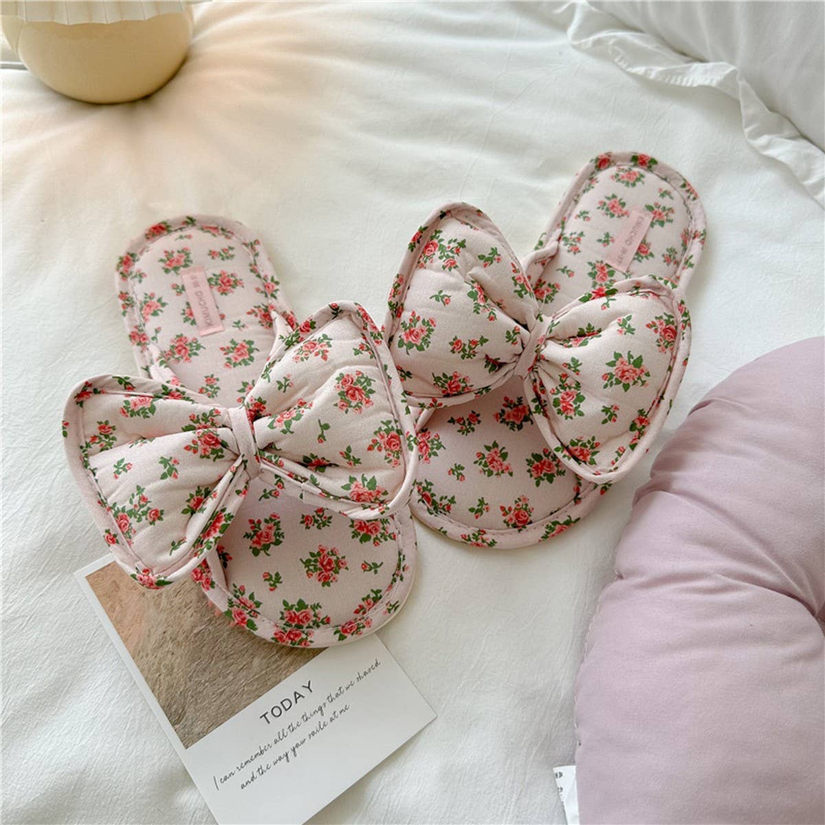 LIGHT BLUE FLORAL BOW KNOT THICK SOLED HOME SHOES_CWMM2970