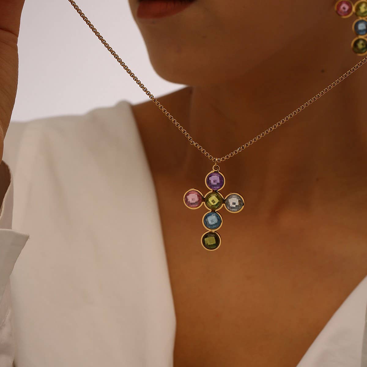 STAINLESS STEEL CROSS NECKLACE EARRINGS SET_CWMM8890