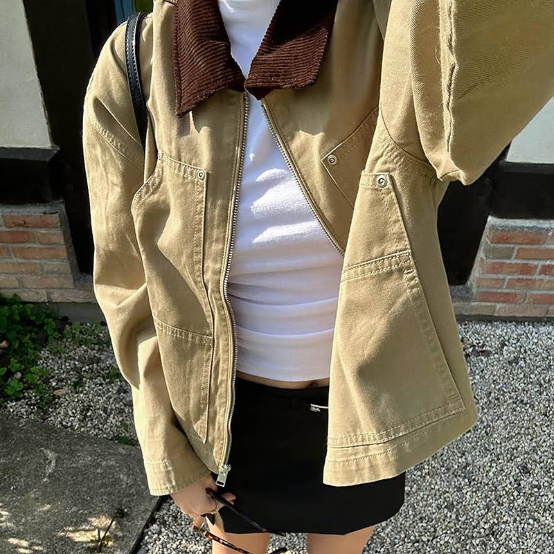 Vintage Lapel Cargo Baggy Zip-Up Cardigan Jacket