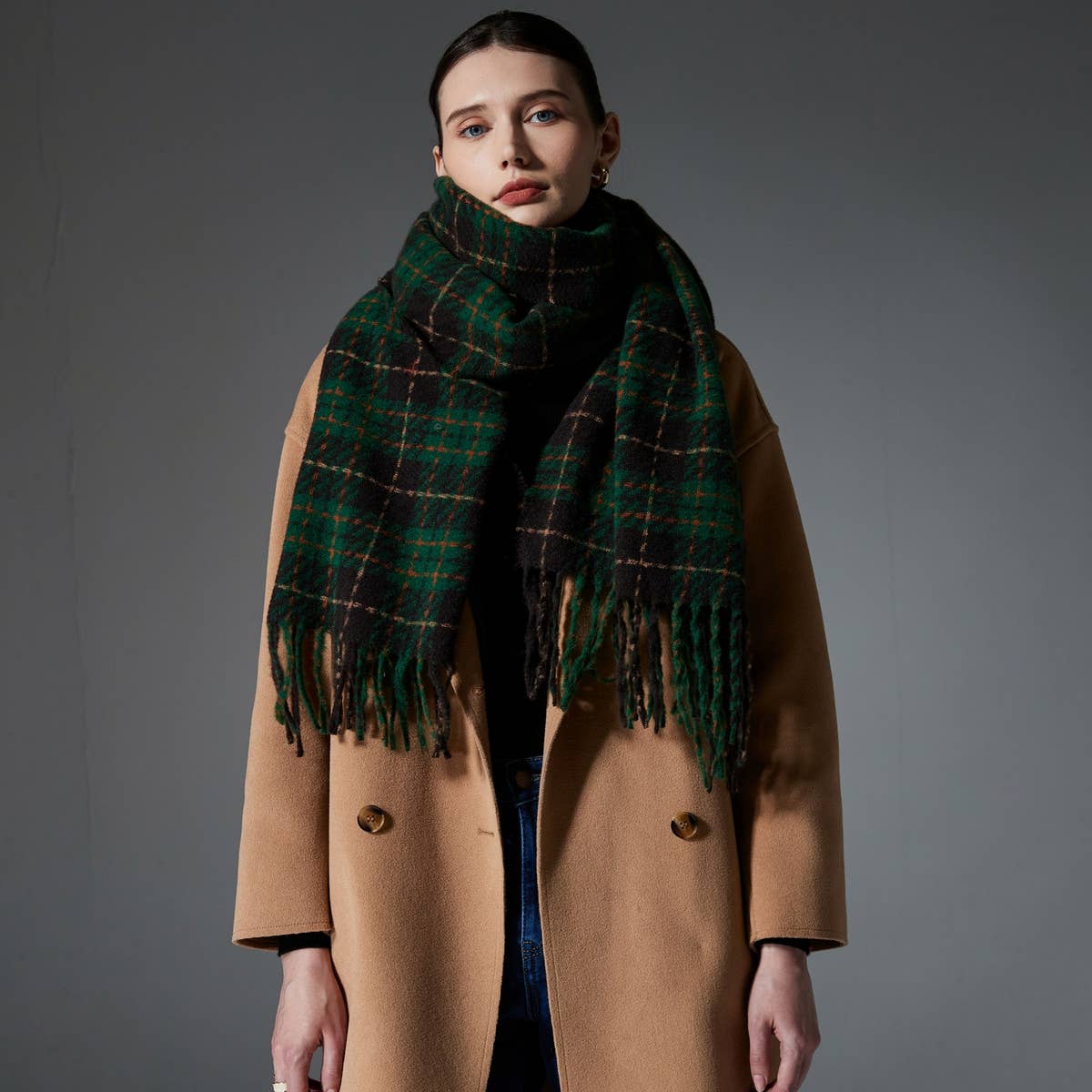GREEN PLAID FRINGE SCARF WINTER WRAP FOR WOMEN_CWASC1276