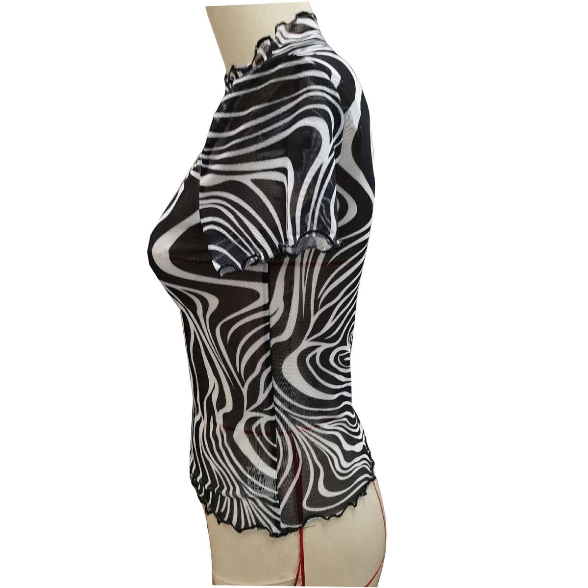 BLACK WHITE STRIPED SEMI SHEER MESH SHORT TOP_CWTBLS1511