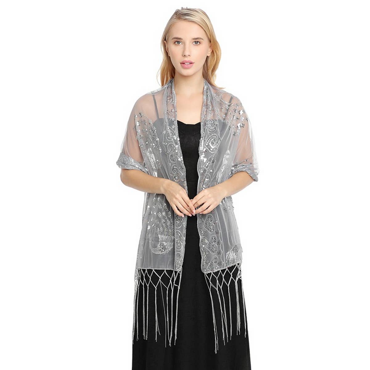 PEACOCK EMBROIDERED SEQUINED TASSEL CAPE_CWASC1077