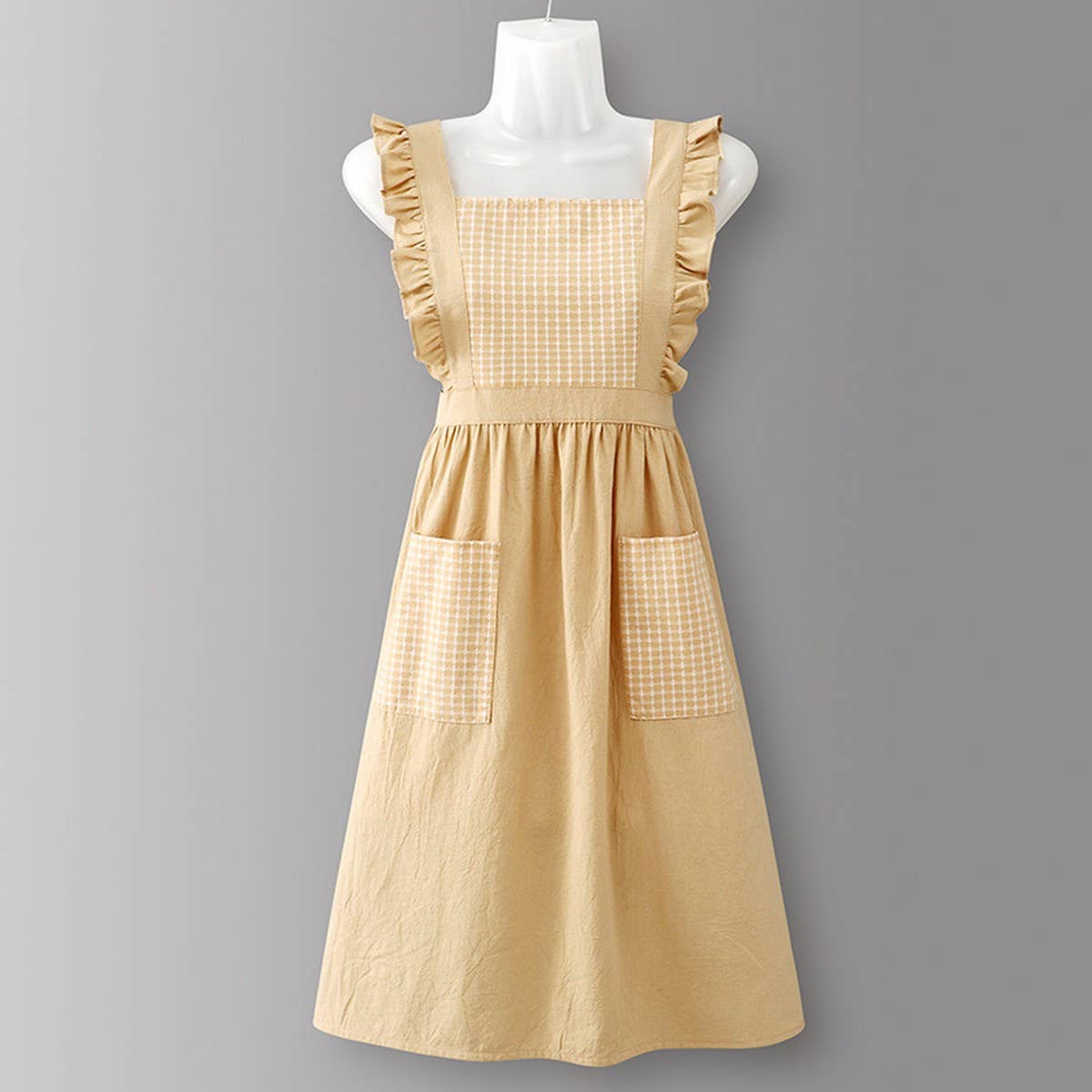 Cotton Striped Grid Kitchen Apron With Pocket_Cwmm10095