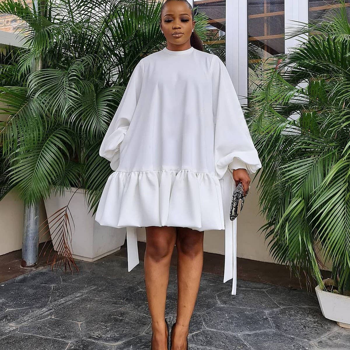 LOOSE SOLID COLOR PUFF SLEEVES PLUS SIZE DRESS_CWDSD6085