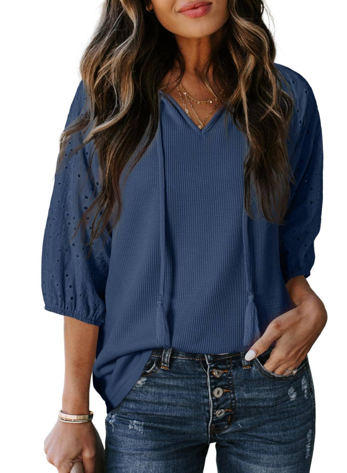 Womens Jacquard Waffle V-Neck Puff Sleeve Top