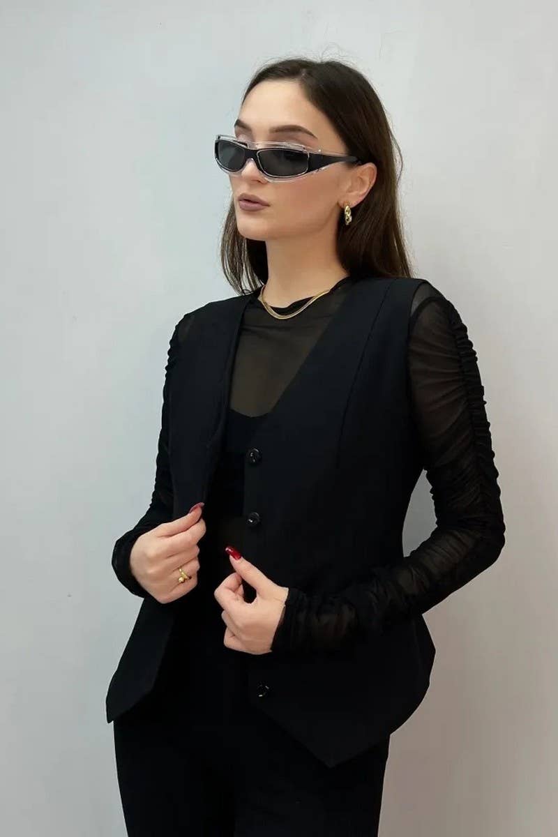 Cwtblsl0905_Vintage Sleeveless Blazer Vest Cardigan Top