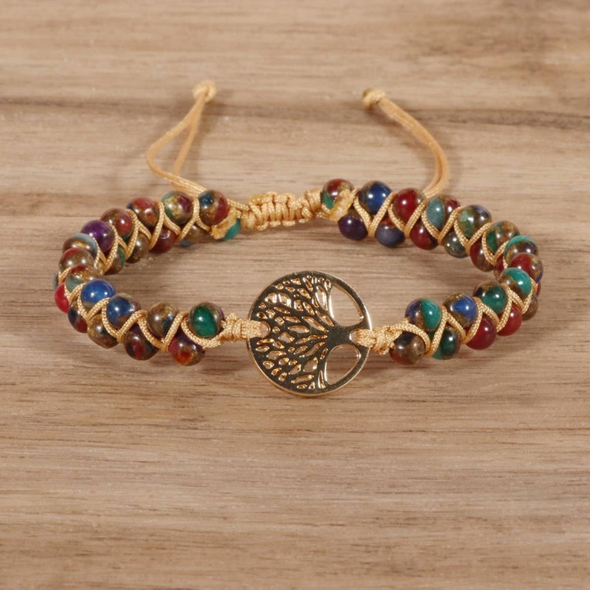COLORED GOLD SANDSTONE TREE OF LIFE WOVEN BRACELET_CWAJE3959