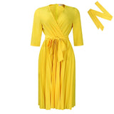 SOLID COLOR V NECK LONG SLEEVE PLEATED SKIRT DRESS_CWDSD6145