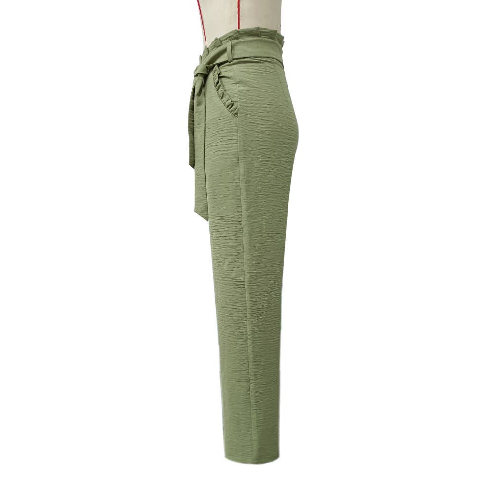 Solid Color Tie Waist High Rise Slim Fit Pants