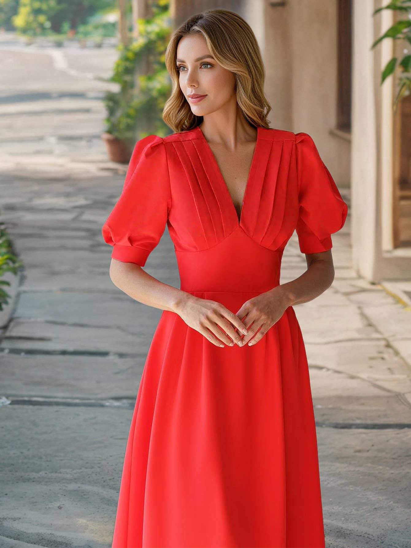 Solid-Color V-Neck Lantern Sleeve Fitted Dress