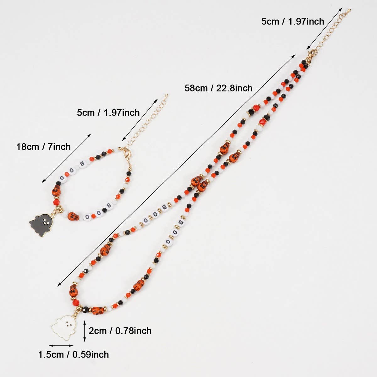 Cwaje05680_Halloween Ghost Pumpkin Beaded Pendant Necklace