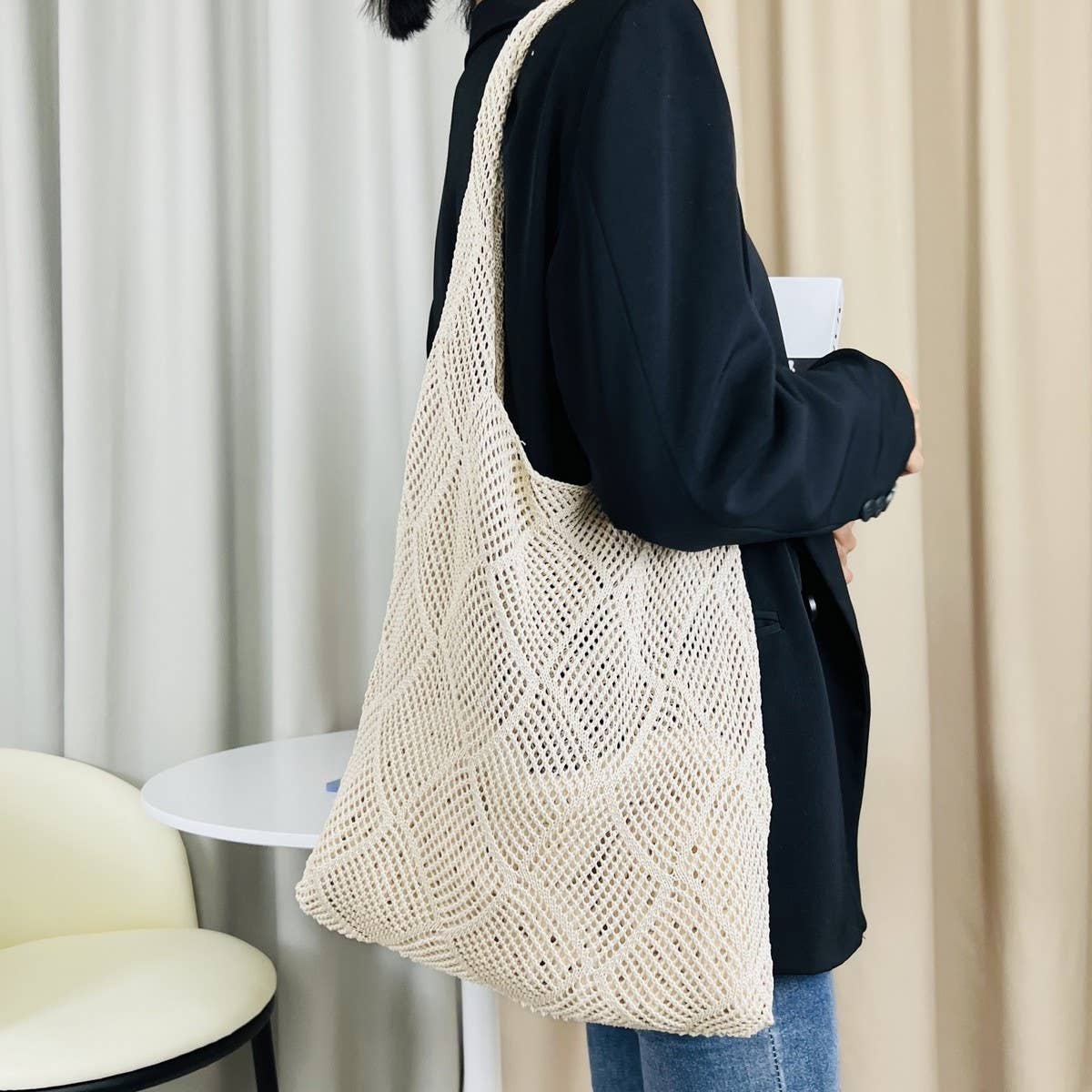 Cwab4575_Solid Knit Hollow Woven Shoulder Tote Bag