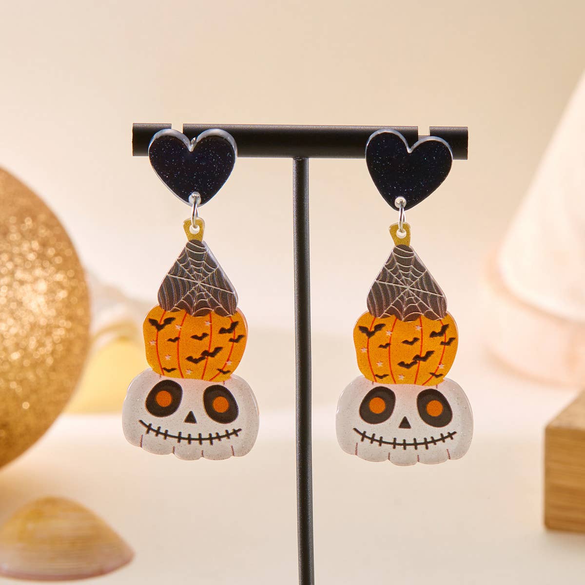 HALLOWEEN FUNNY PUMPKIN BAT LEAF EARRINGS_CWAJE2421