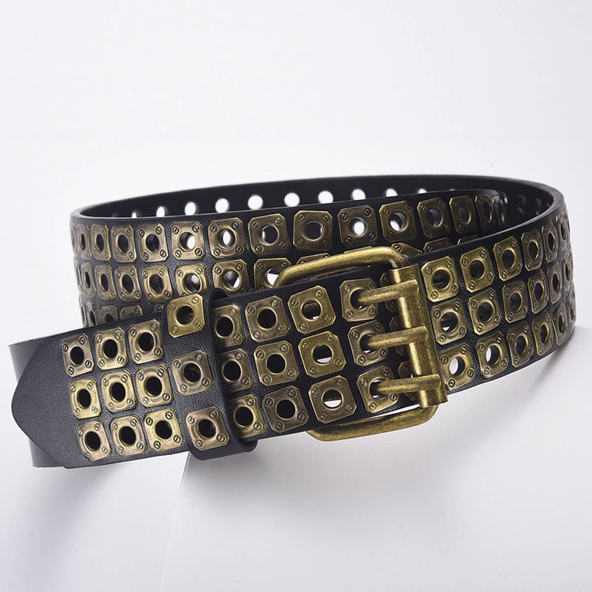 SQUARE BEAD RIVET TRIPLE ROW EYELET PUNK BELT_CWABE0584