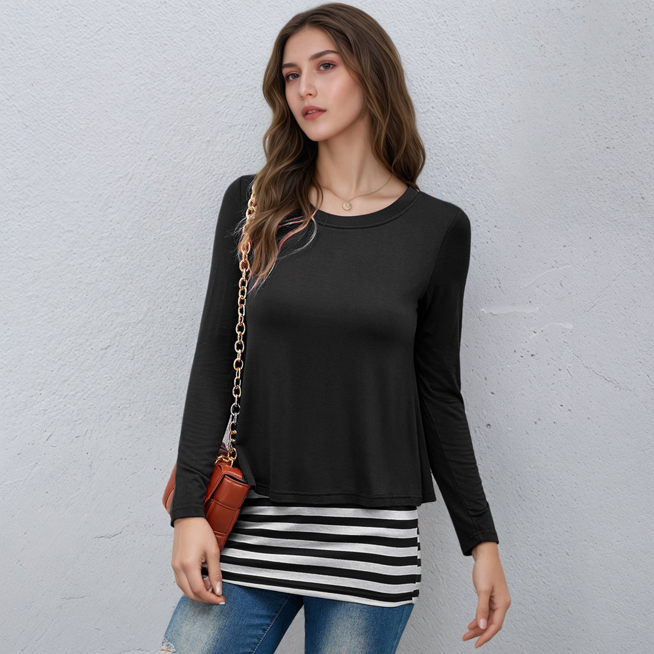 Two Fake Round-Neck Striped Patchwork T-Shirts