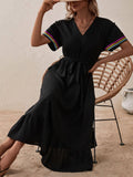 V-Neck Short Sleeve Lace-Up Mid-Length Dress